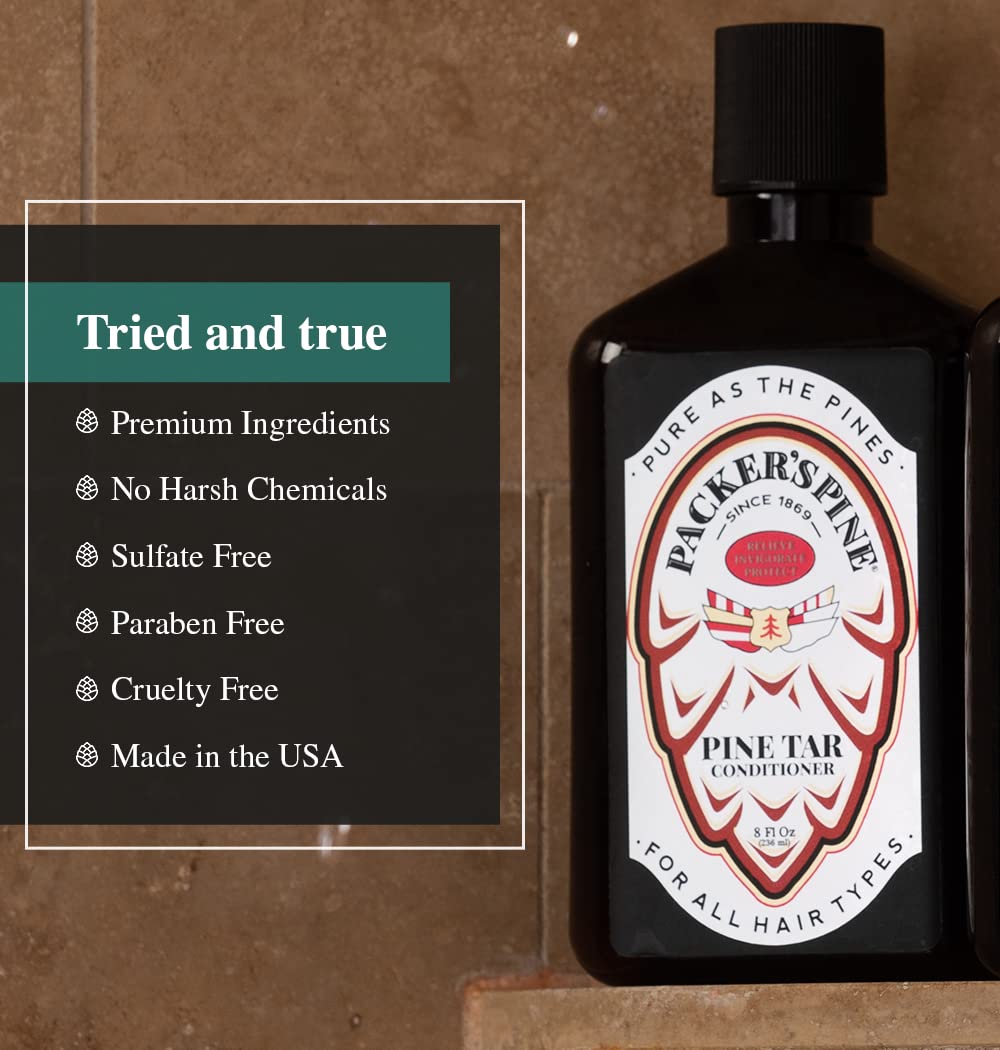 Packer's Pine Tar packaging close-up highlighting a paraben- sulfate- and creosote-free formula.