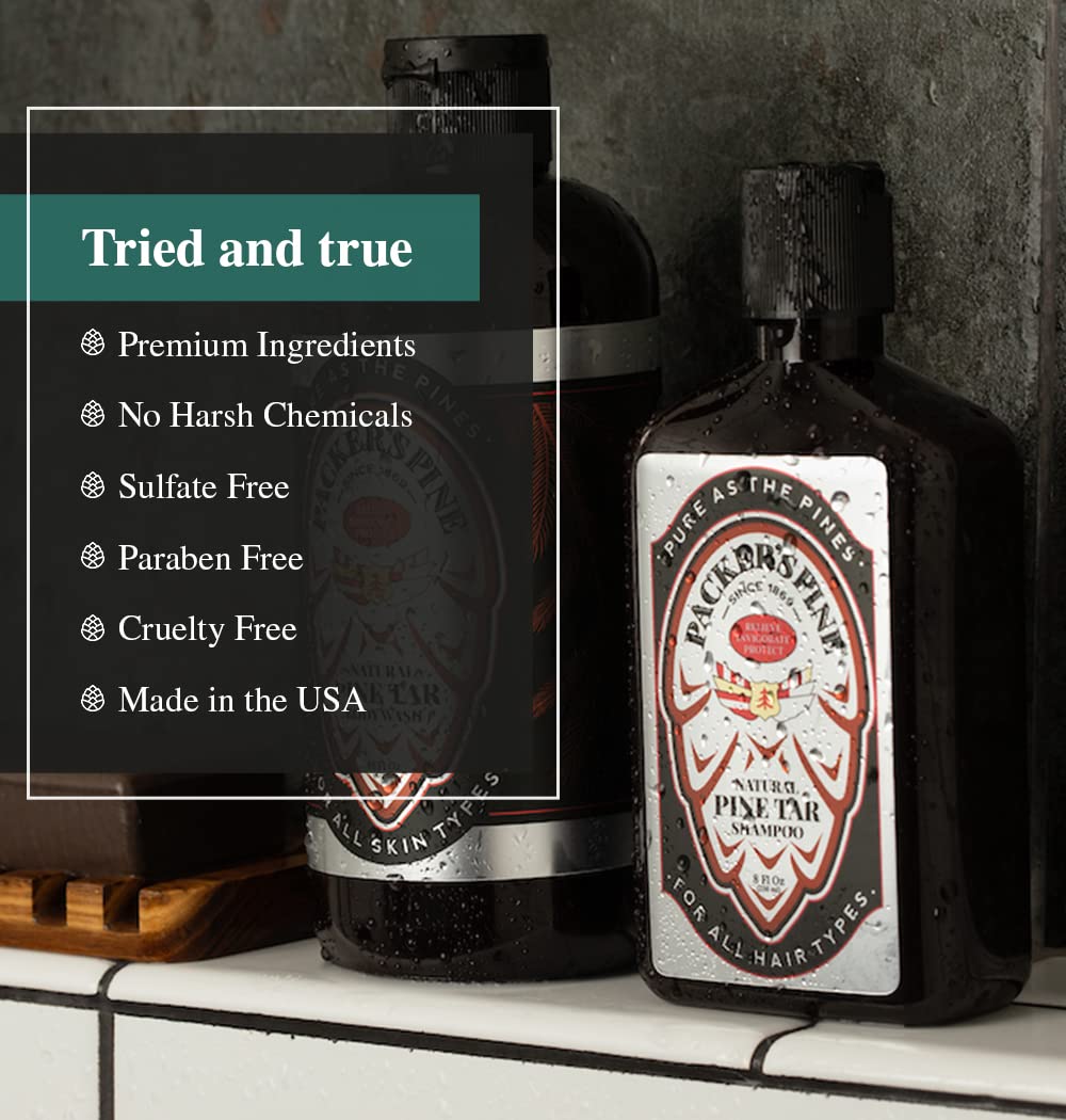Packer's Pine Tar Shampoo lather close-up emphasizing deep cleansing and rugged forest-inspired aroma.