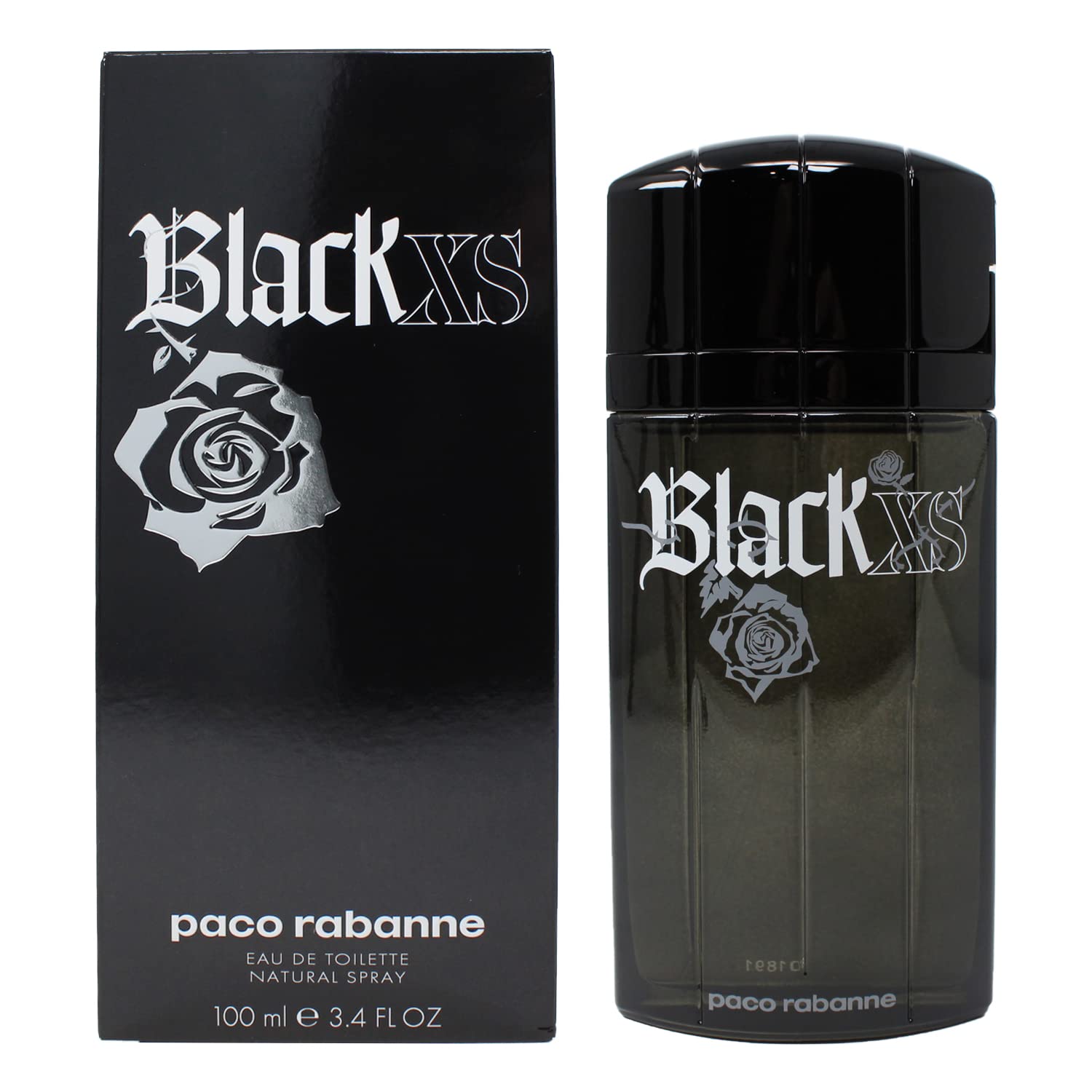 Paco Rabanne BLACK XS bottle back, sleek details for a bold personal statement.