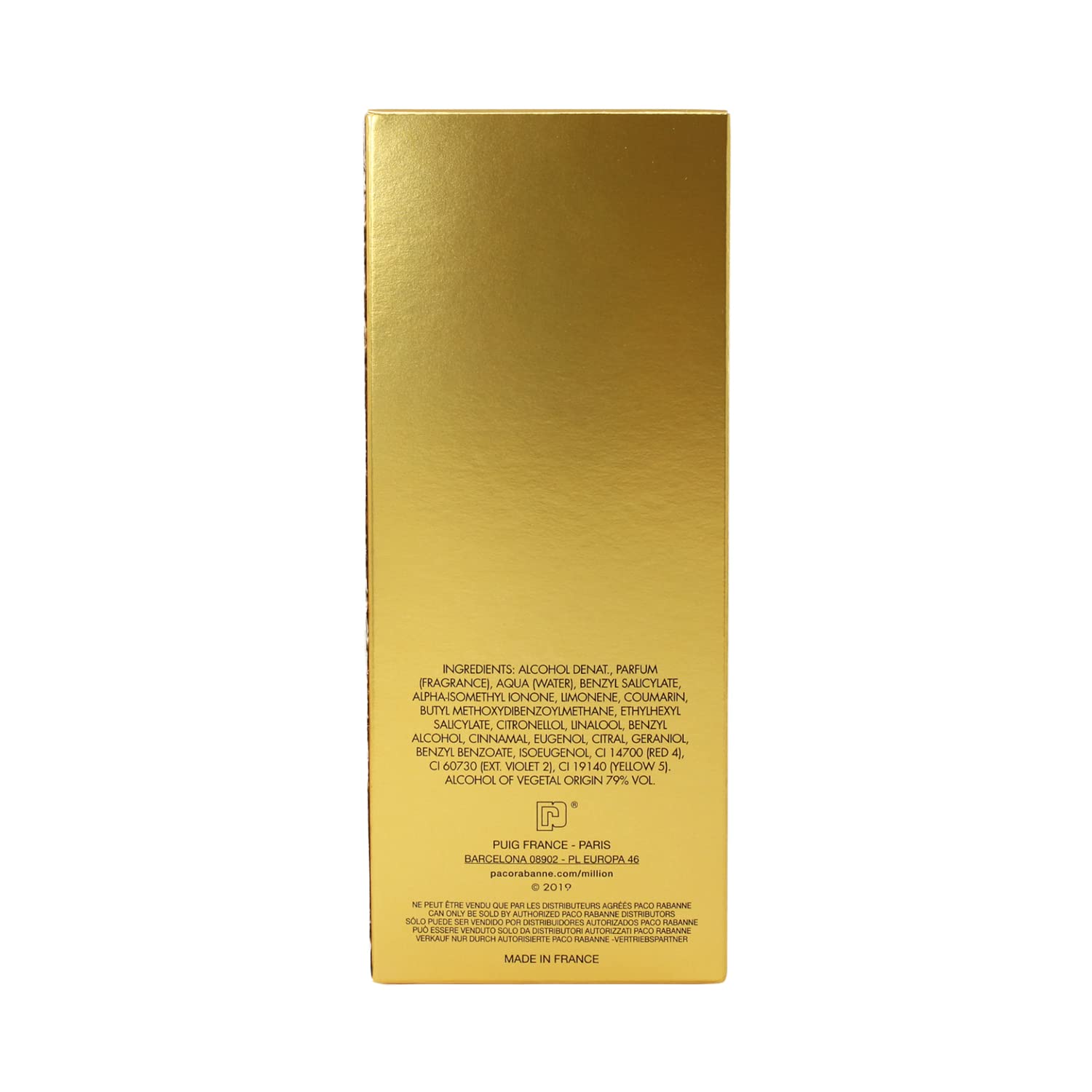 Paco Rabanne One Million bottle metal emblem signals premium design.