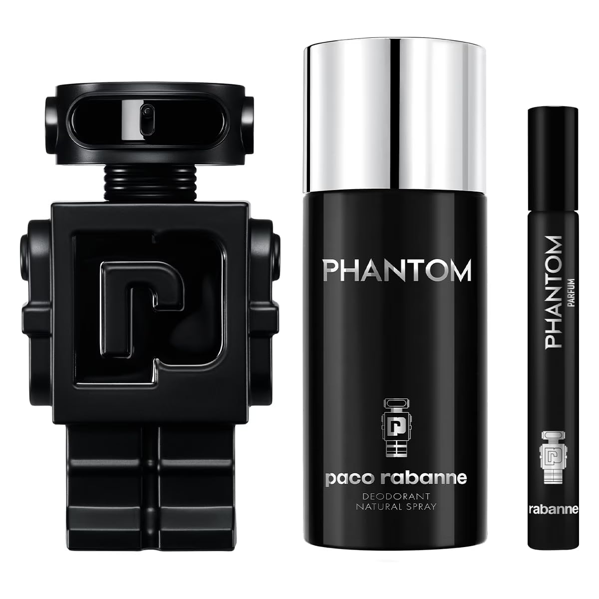 Paco Rabanne Phantom parfum bottle in a sleek design for daily, long-lasting scent.