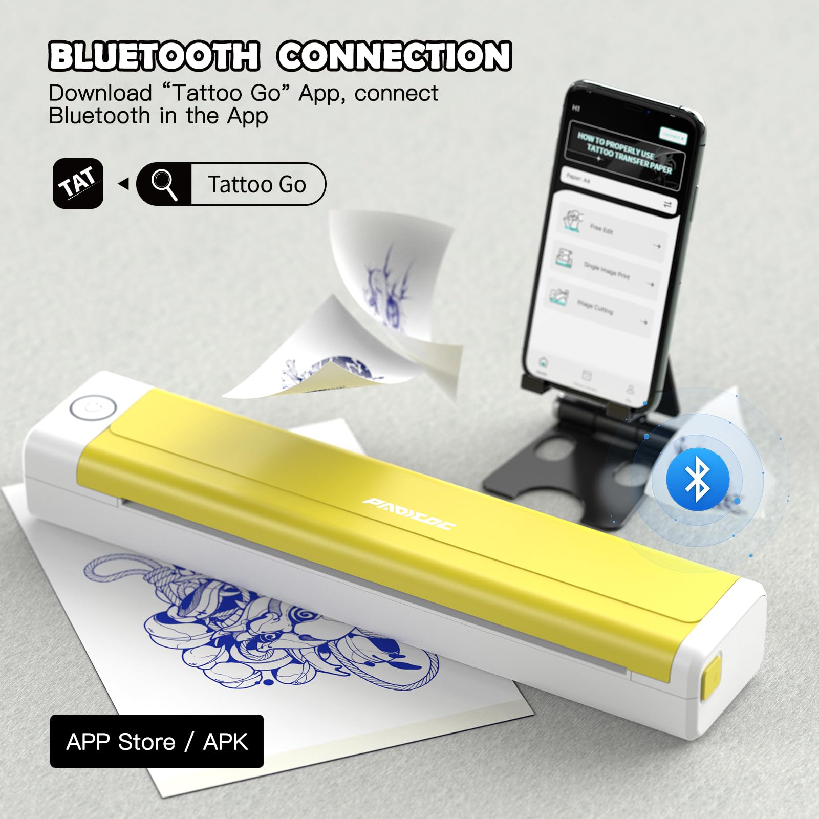 Padieoe tattoo stencil printer with Bluetooth app enabled for easy transfers.