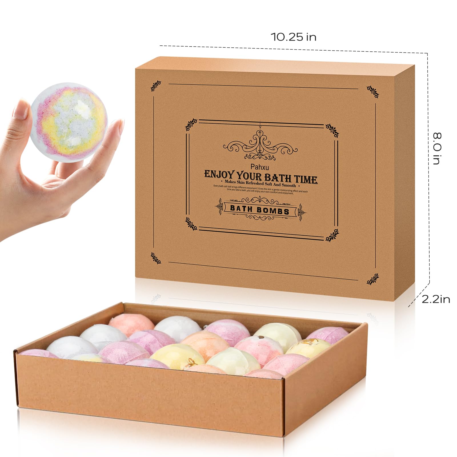 Pahxu bath bombs assortment showing 10 fragrances for mood selection