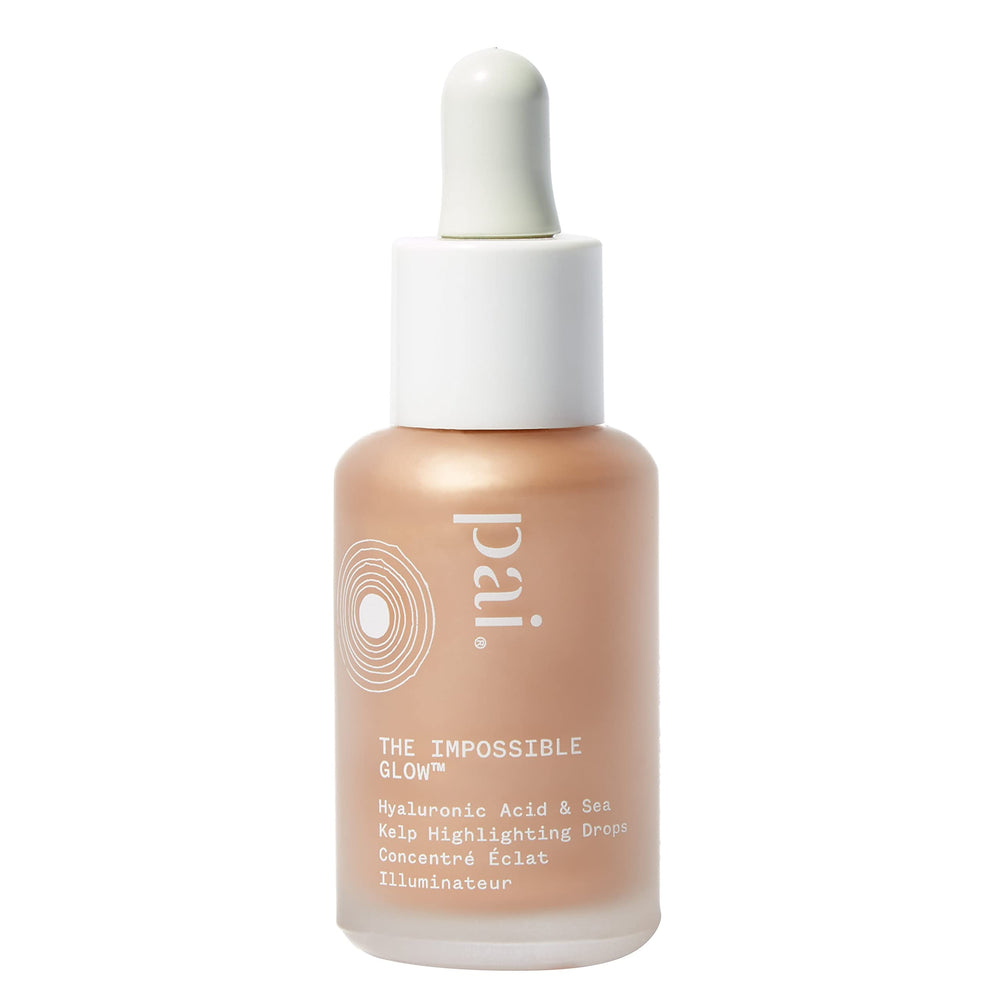 Pai Skincare The Impossible Glow bottle with rose-gold cap, offering radiant hydration.
