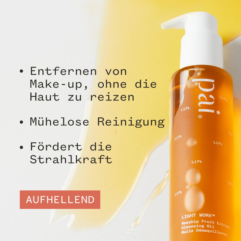PAI SKINCARE Light Work Rosehip Cleansing Oil ingredients label shows clean, organic formula.