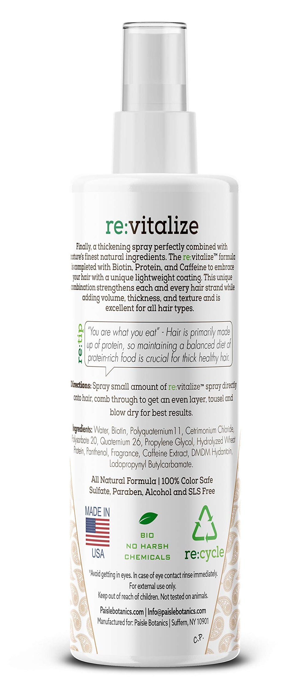 Paisle Botanics Biotin Hair Thickening Spray color-safe formula protects treated hair