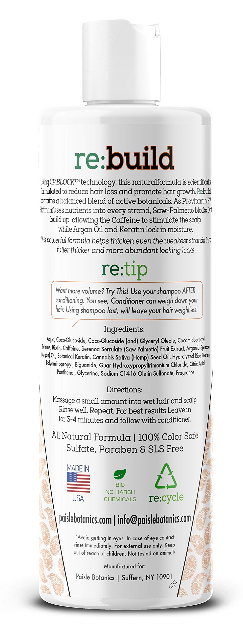 Paisle Botanics biotin shampoo ingredients close-up featuring saw palmetto and rosemary.