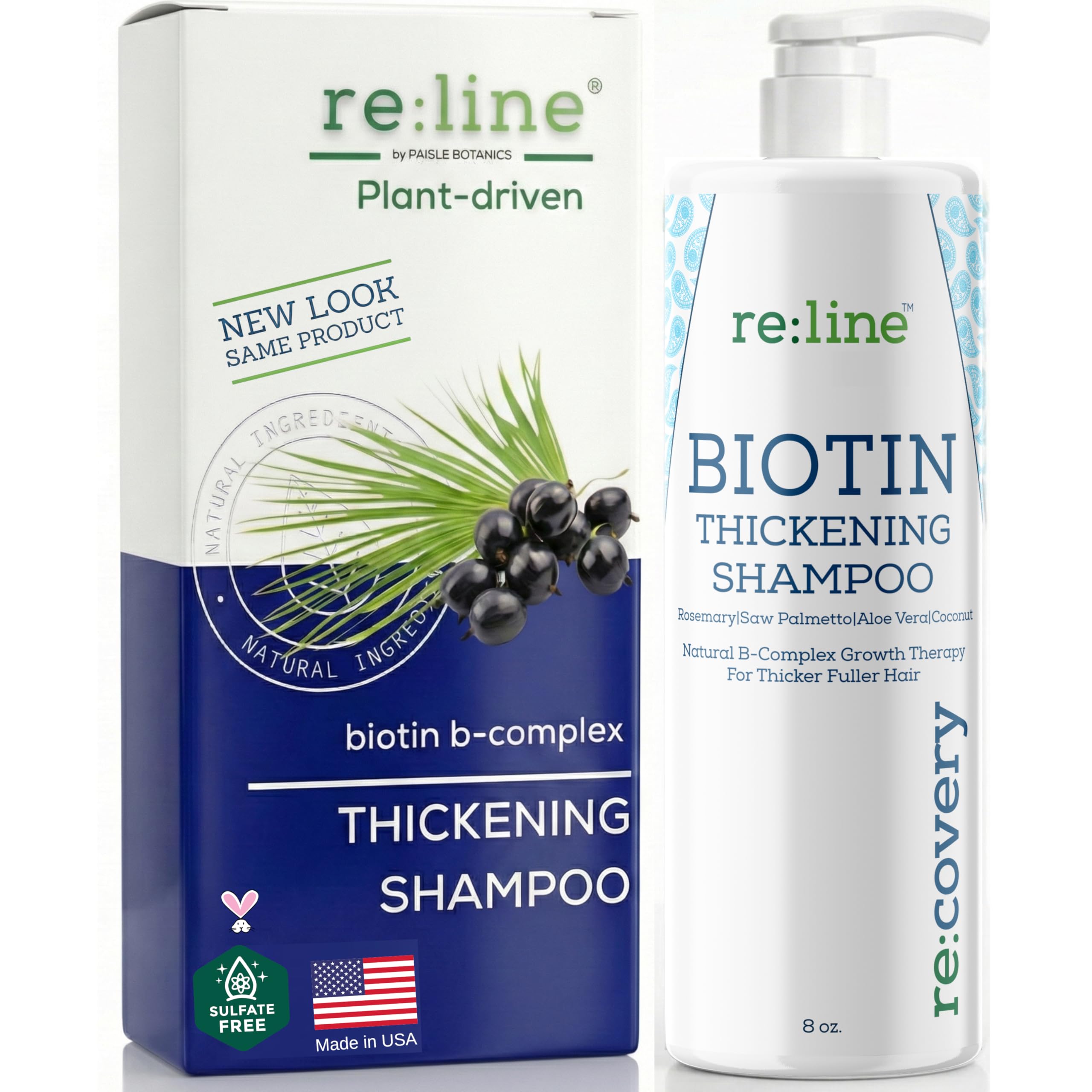 Paisle Botanics Biotin Thickening Shampoo bottle boosts volume and body.