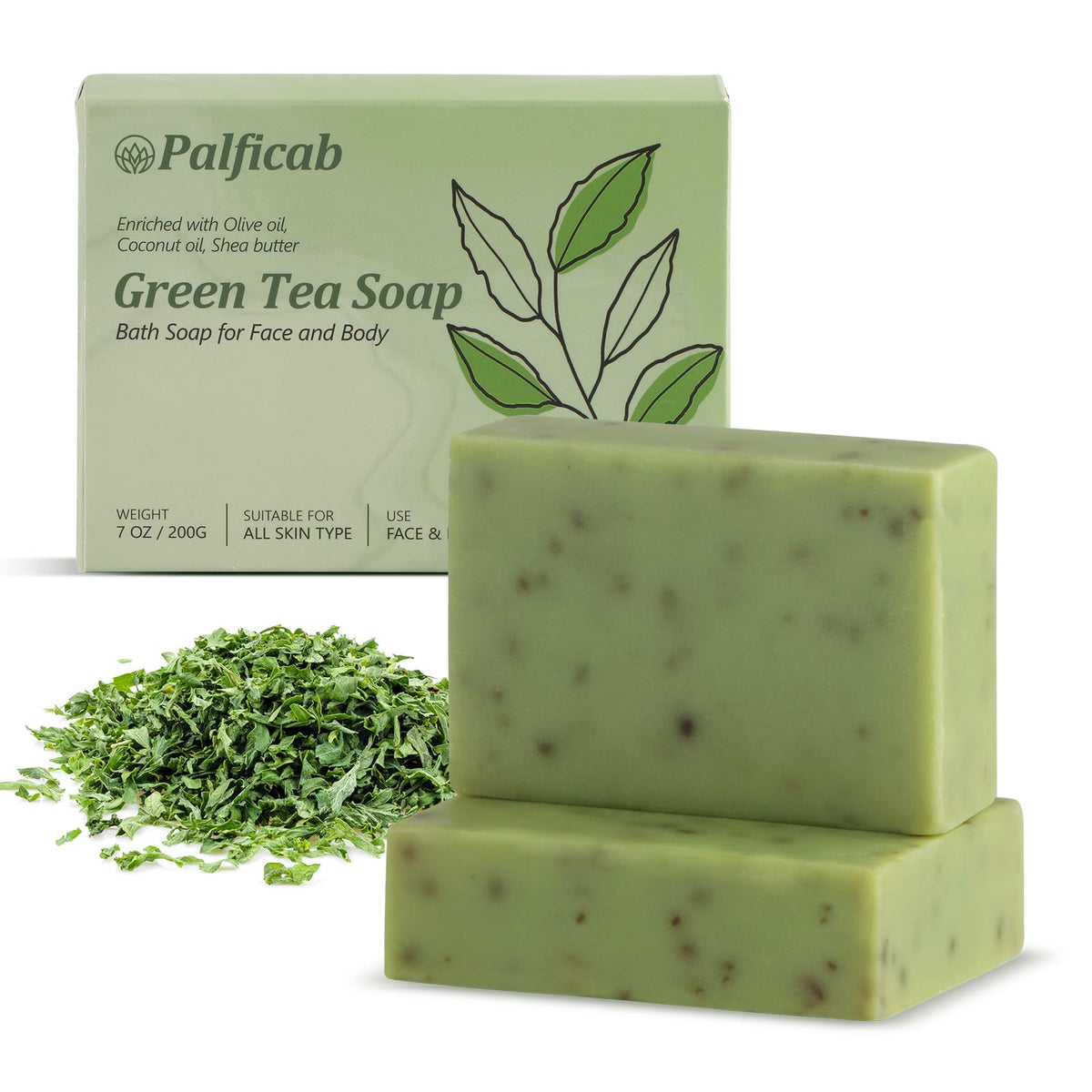 PALFICAB Green Tea Soap bars on a wooden tray, antioxidant-rich formula for balanced skin.