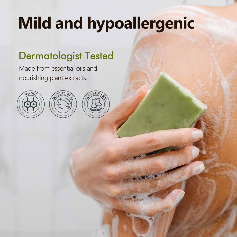 PALFICAB Green Tea Soap by sink promotes gentle, nourishing hand and body care.