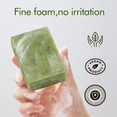 PALFICAB Green Tea Soap texture close-up shows creamy lather and natural exfoliation.