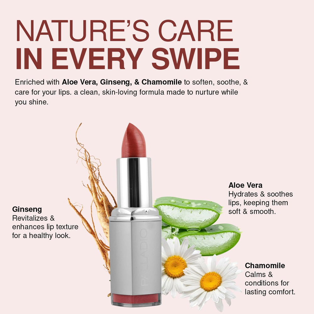 Palladio Herbal Lipstick swatch demonstrating long-lasting color