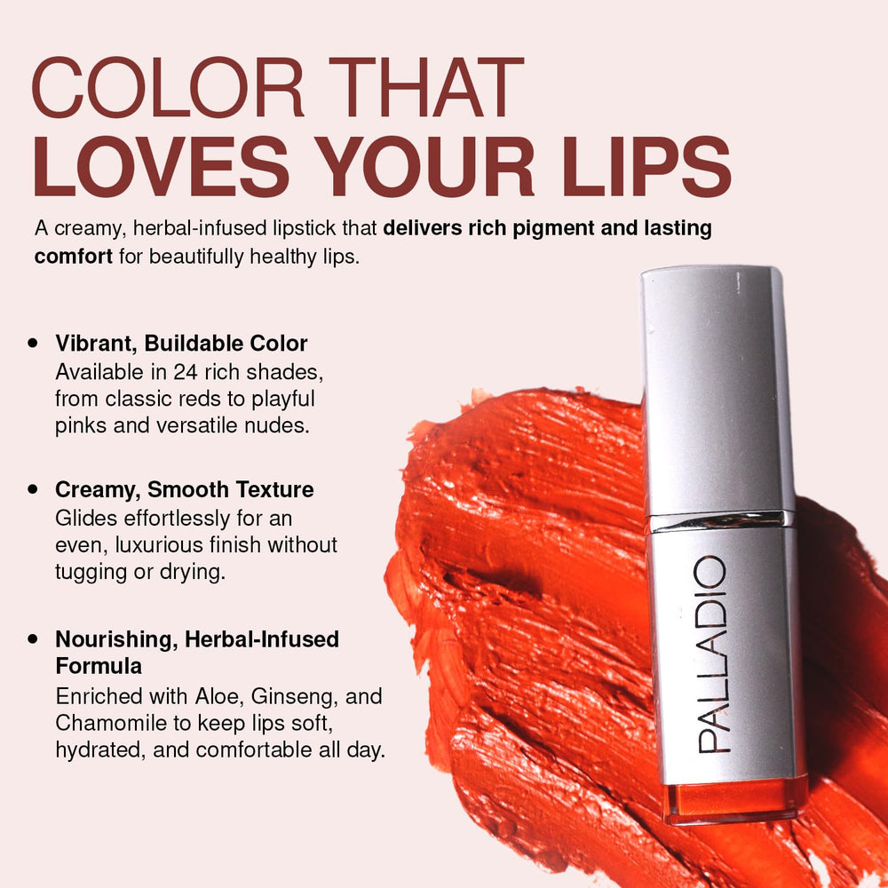 Palladio Herbal Lipstick pinky shade beside makeup palette