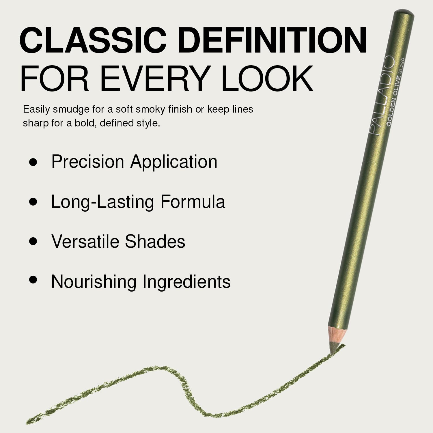 Palladio wooden eyeliner pencil creates a precise outline for defined eyes.