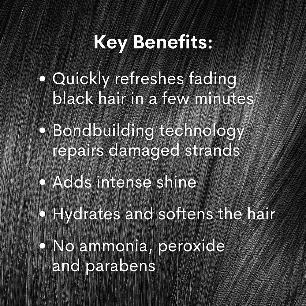 Pallure Jet Black bottle beside hair swatch for color refresh reference