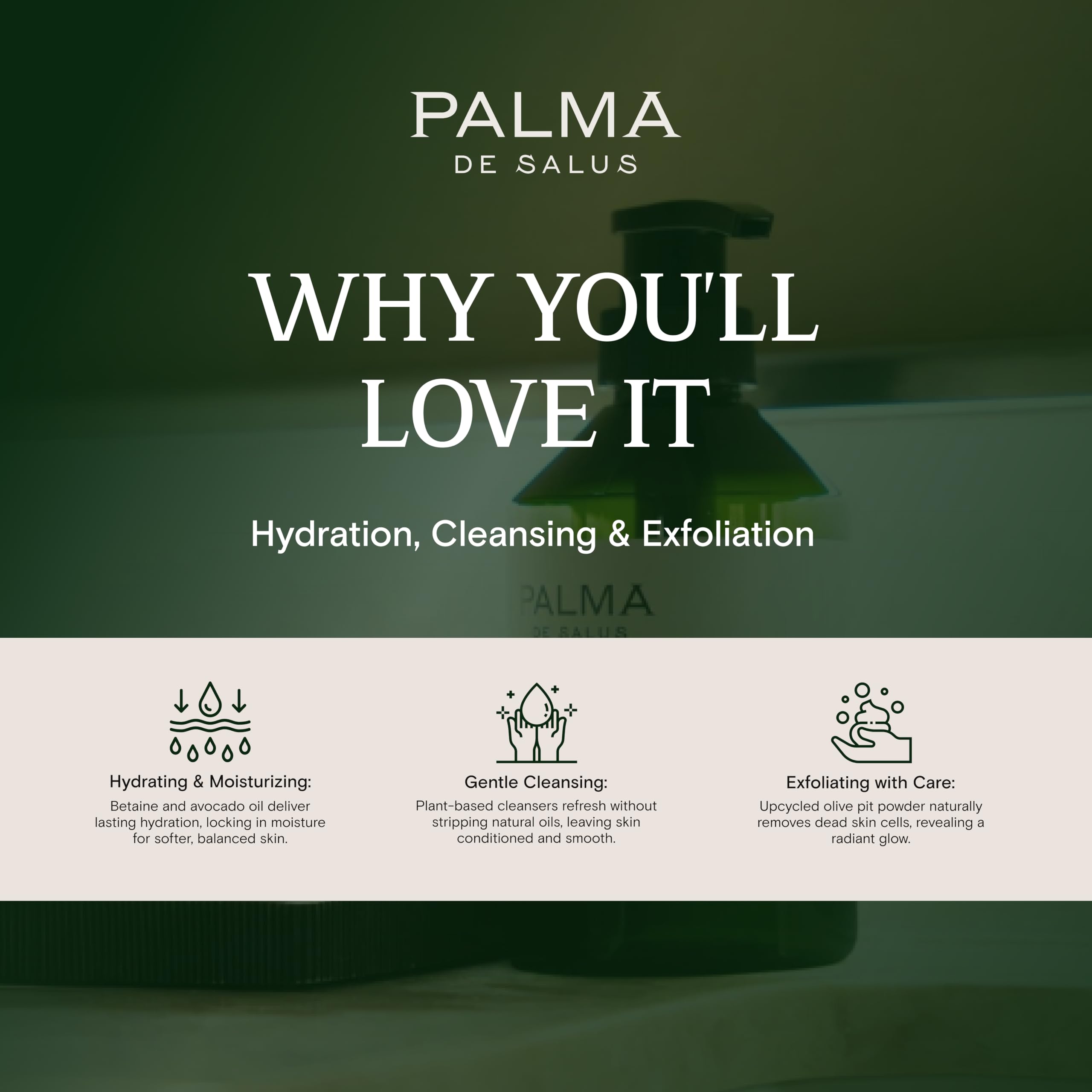 Palma de Salus creamy lather cleanses without stripping skin.