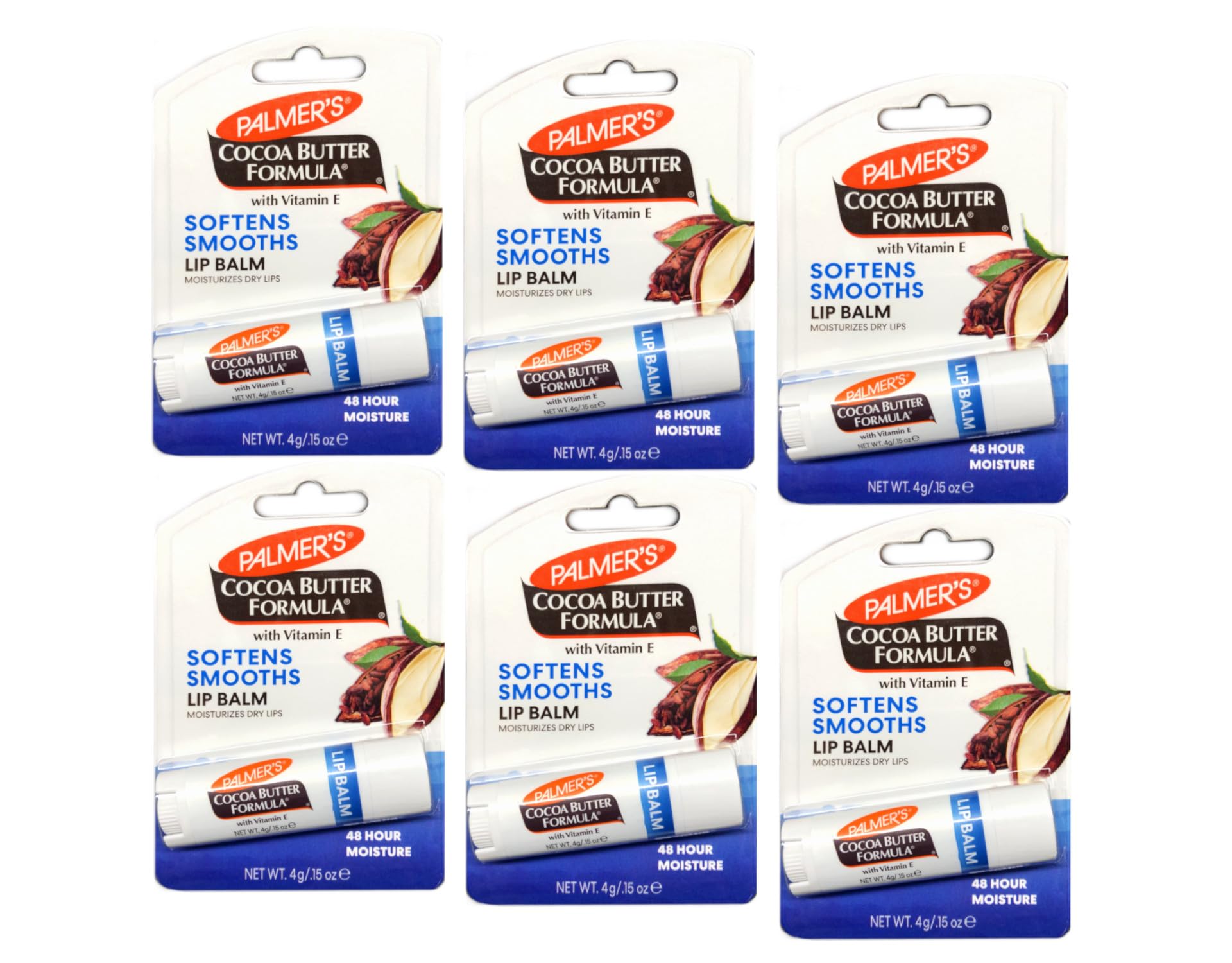 Palmer's Cocoa Butter Lip Balm pack 6 front view for soft, protected lips year-round.