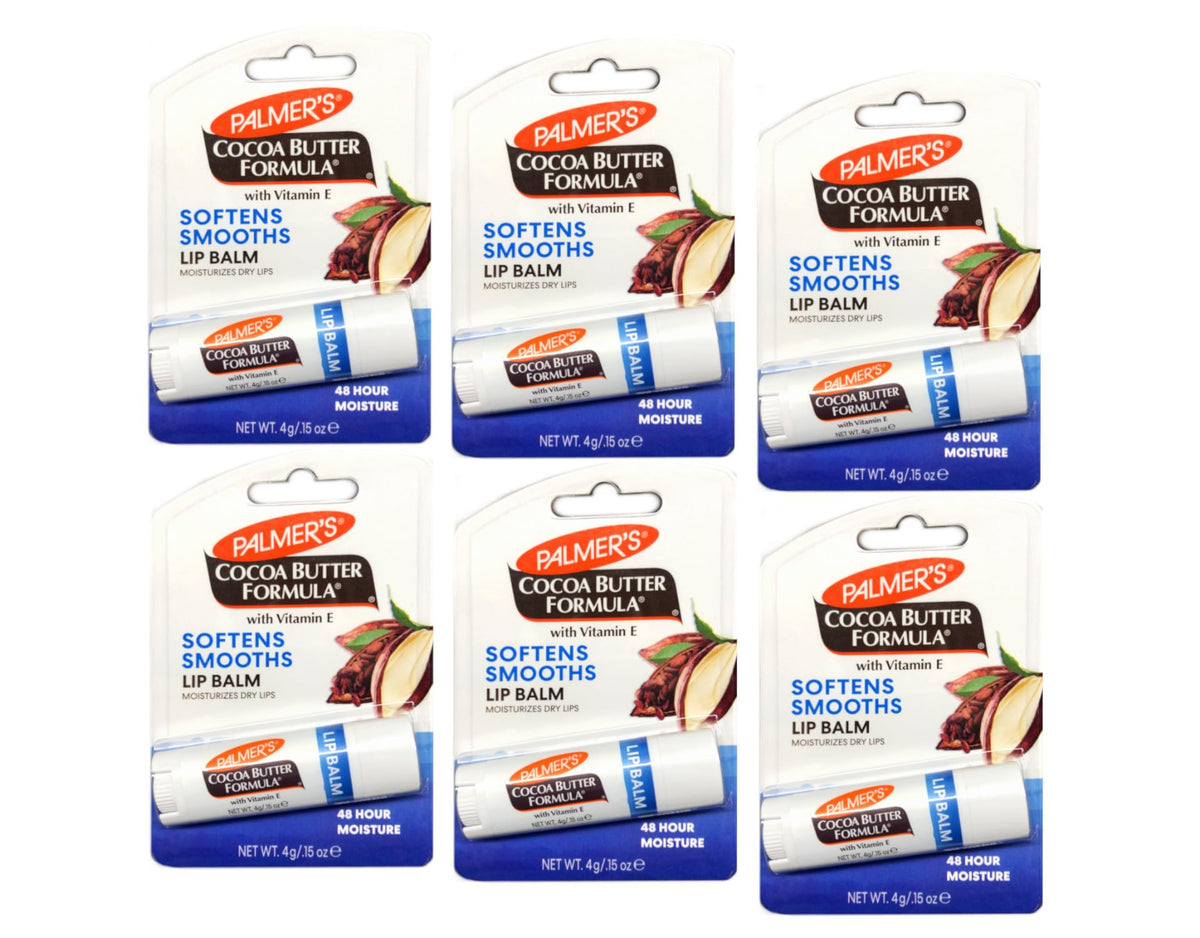Palmer's Cocoa Butter Lip Balm pack 6 front view for soft, protected lips year-round.