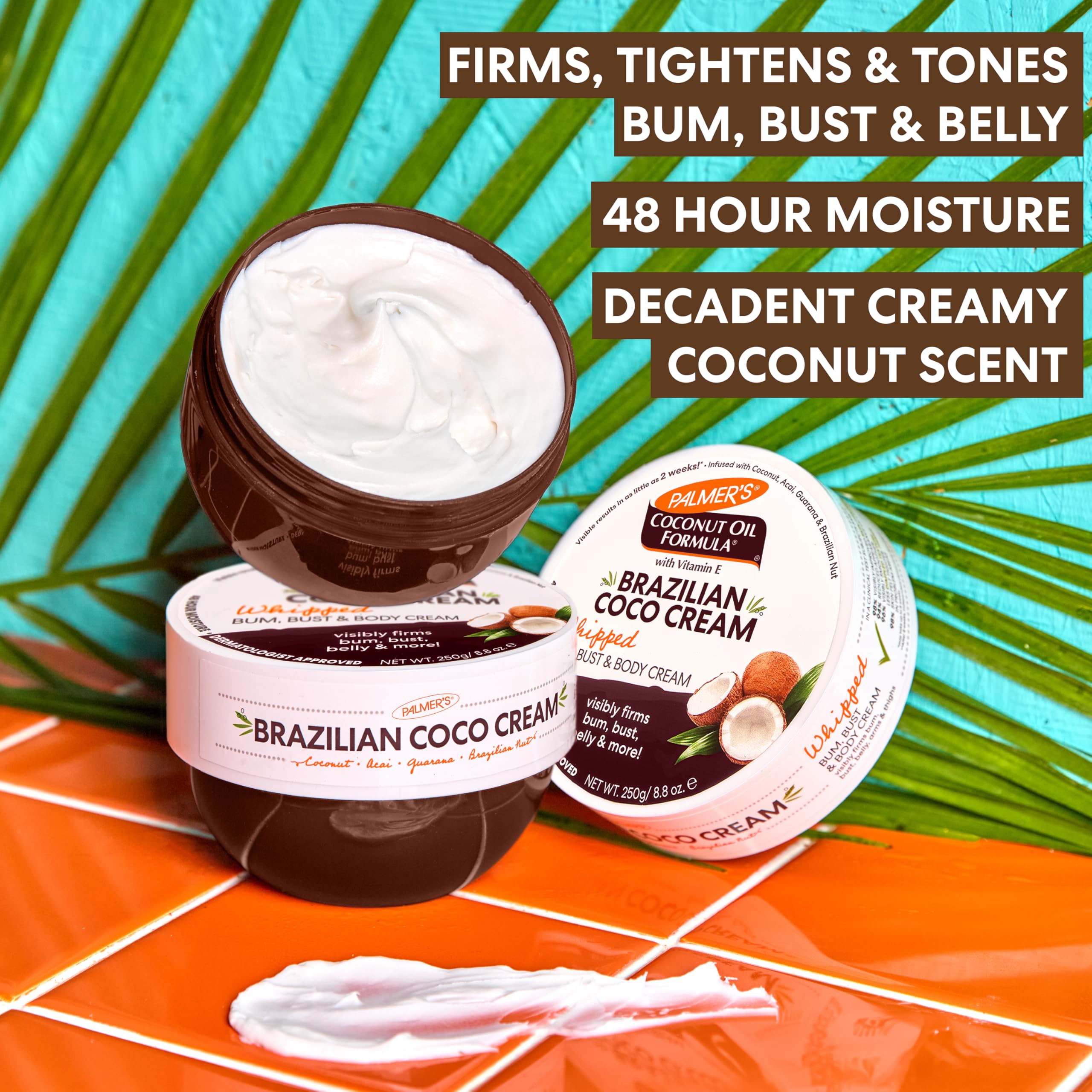 Palmer's Coco Cream texture close-up emphasizes cushiony, skin-hugging feel.