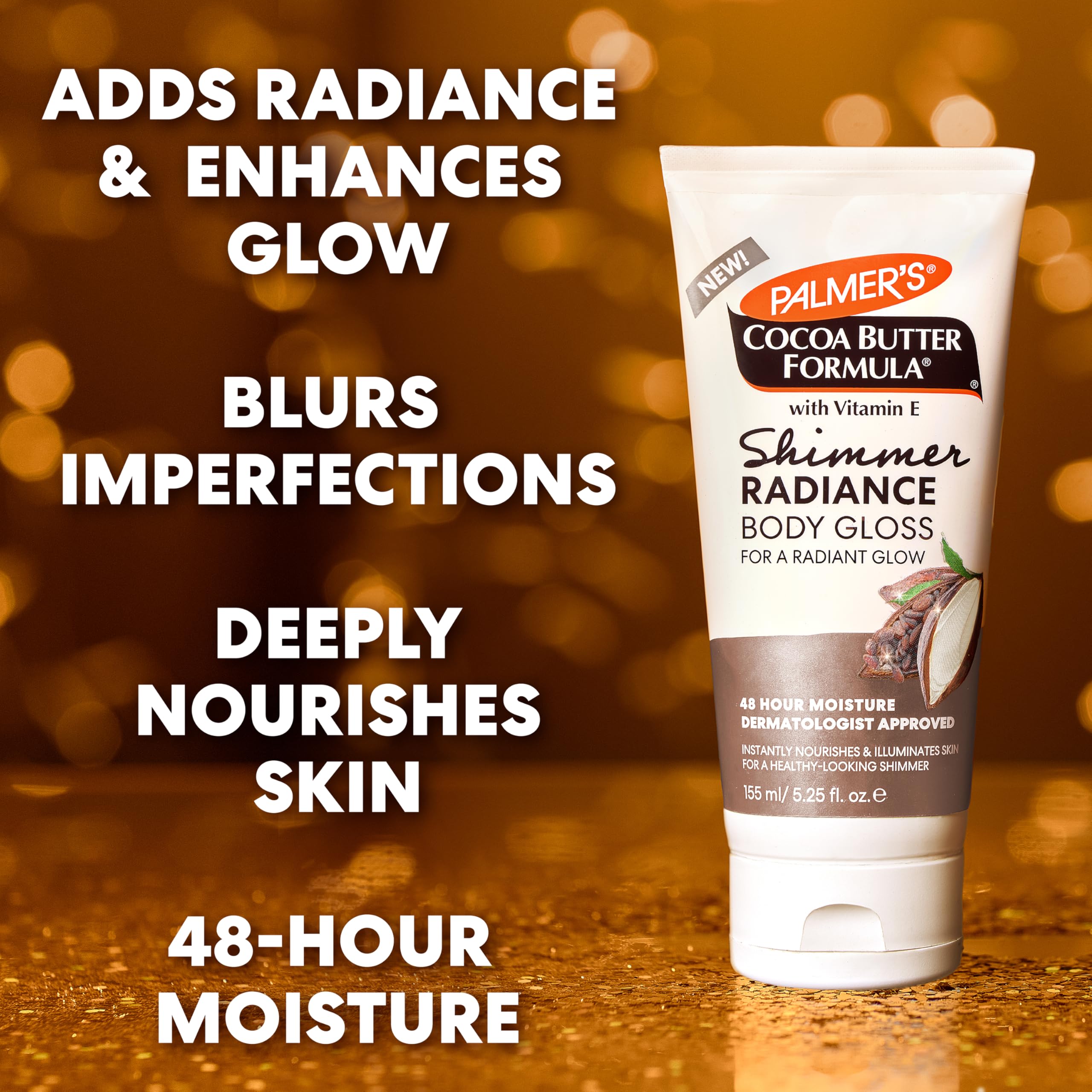 Palmer's Shimmer Radiance with Vitamin E nourishes skin for a luminous glow.