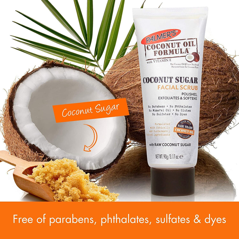 Palmers Coconut Sugar Facial Scrub jar front showing packaging and gentle exfoliation