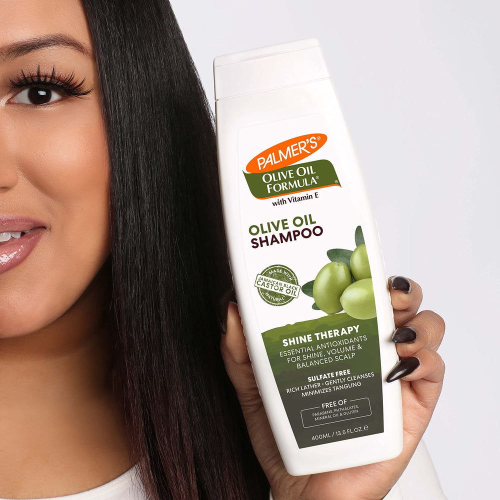 Hair appears glossy after washing with Palmer's Shine Therapy Shampoo