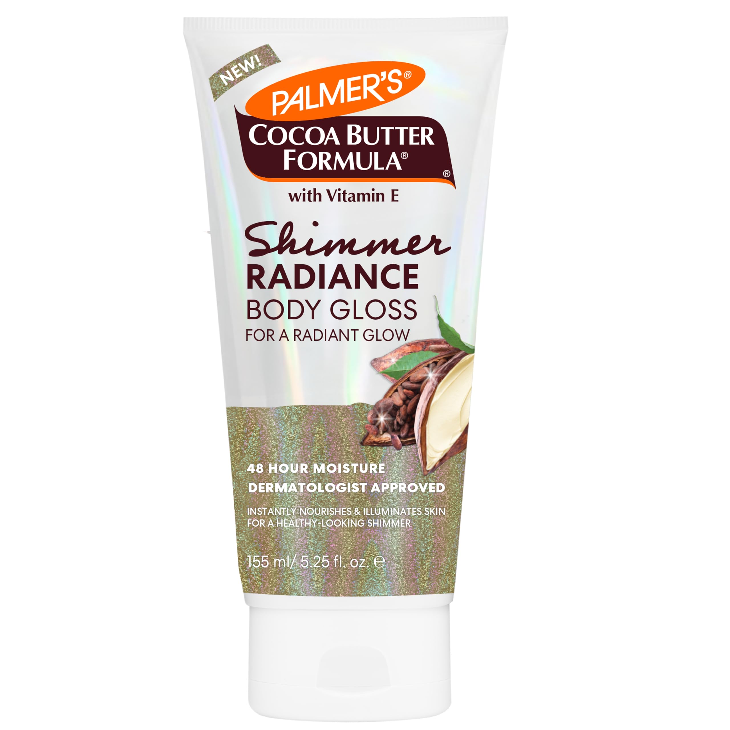 Palmer's Shimmer Radiance Body Gloss bottle glows with light-reflecting pearls.