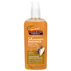 Palmer's Shimmer Radiance Body Oil bottle close-up showing glow-enhancing formula.