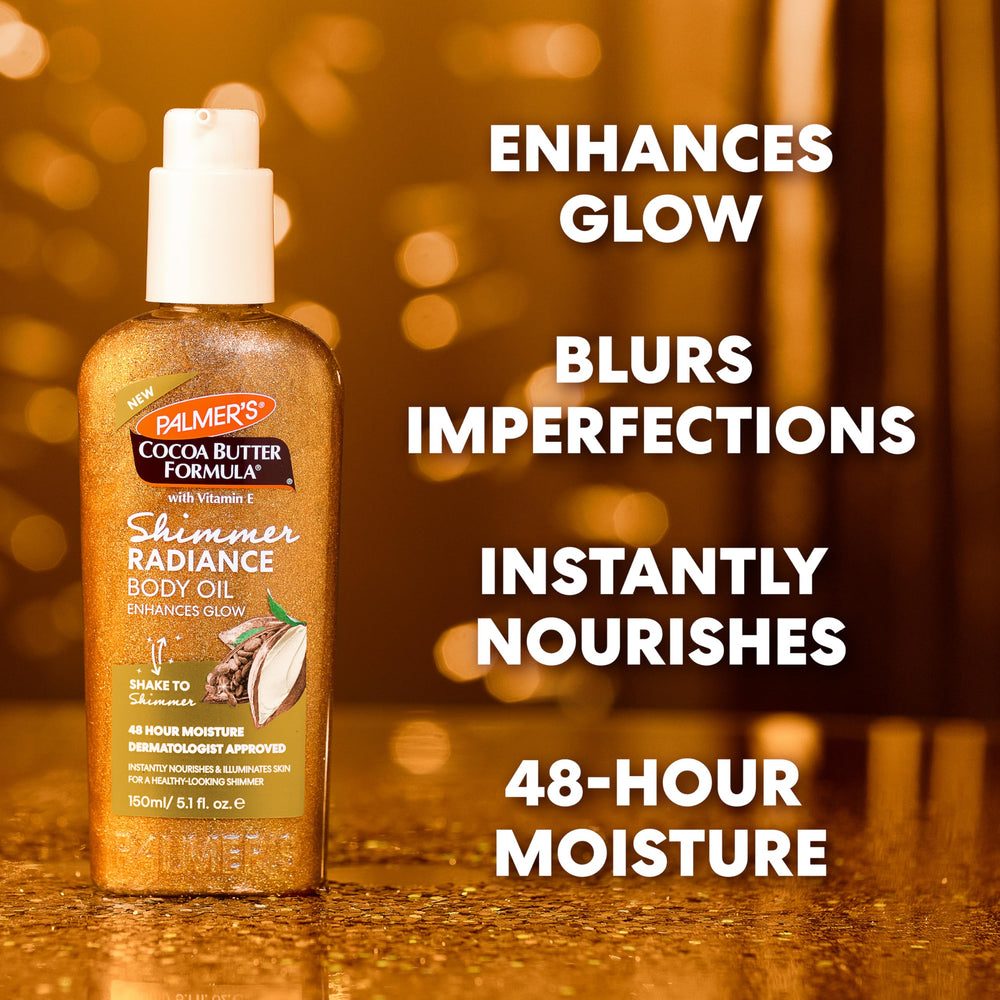Palmer's Radiance Oil catches light for a soft glow on skin.
