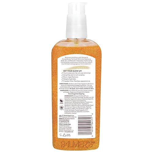 Palmer's Shimmer Radiance oil on sun-kissed skin for vacation glow.