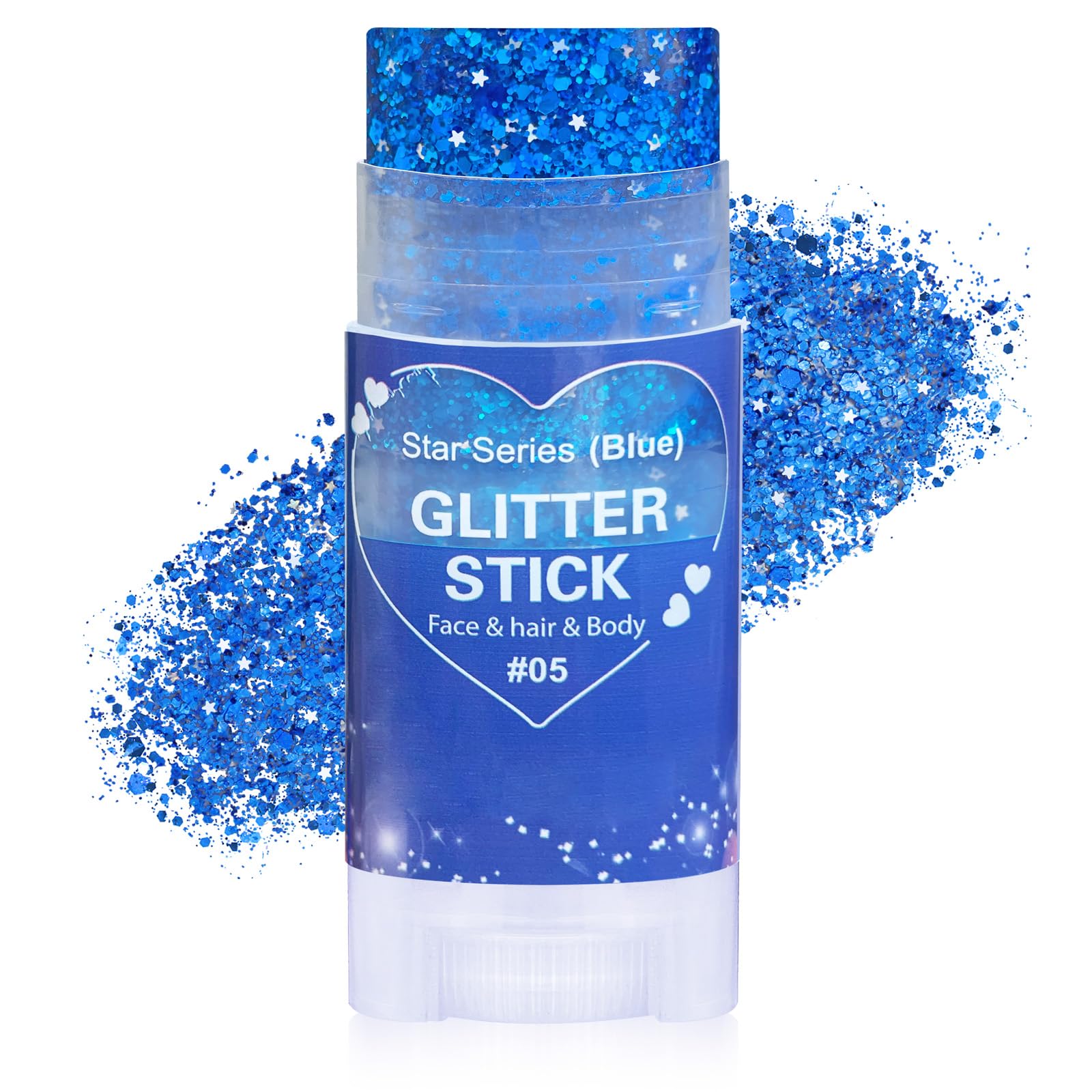 Paminify Blue Glitter Stick applied on the face for radiant festival glow.