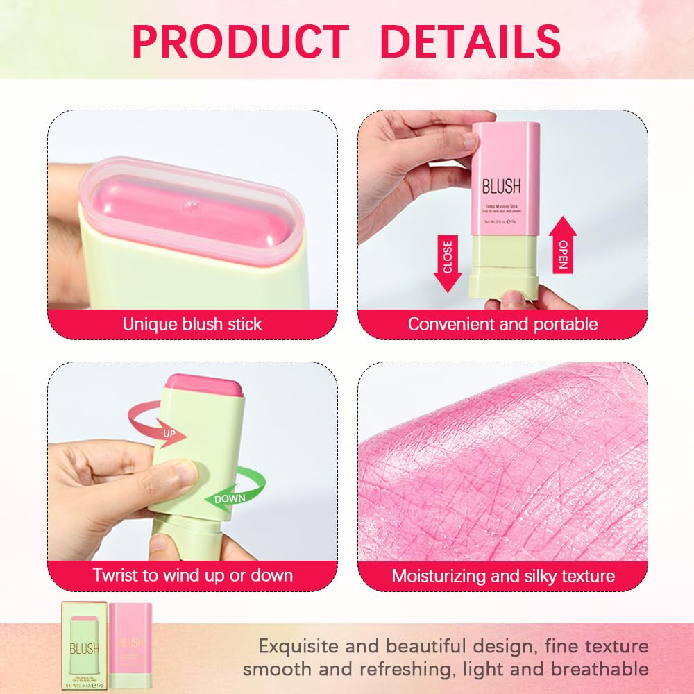 Paminify blush stick demonstrating lipstick-style rotating application.