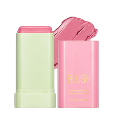 Paminify blush stick in shy pink applying on cheek for a natural flush.