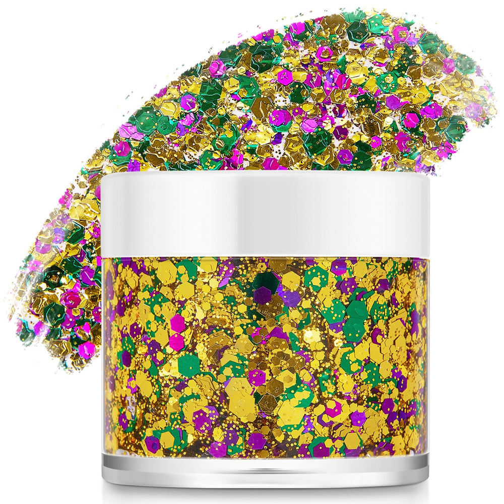 Paminify Mardi Gras glitter on face with green purple gold for bold festival shine.