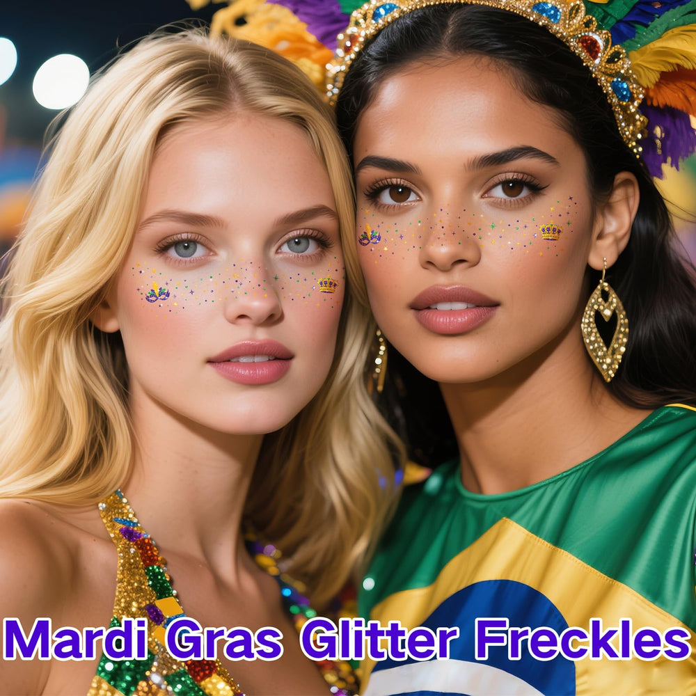 Paminify Mardi Gras glitter freckles tattoos add color to cheeks or temples
