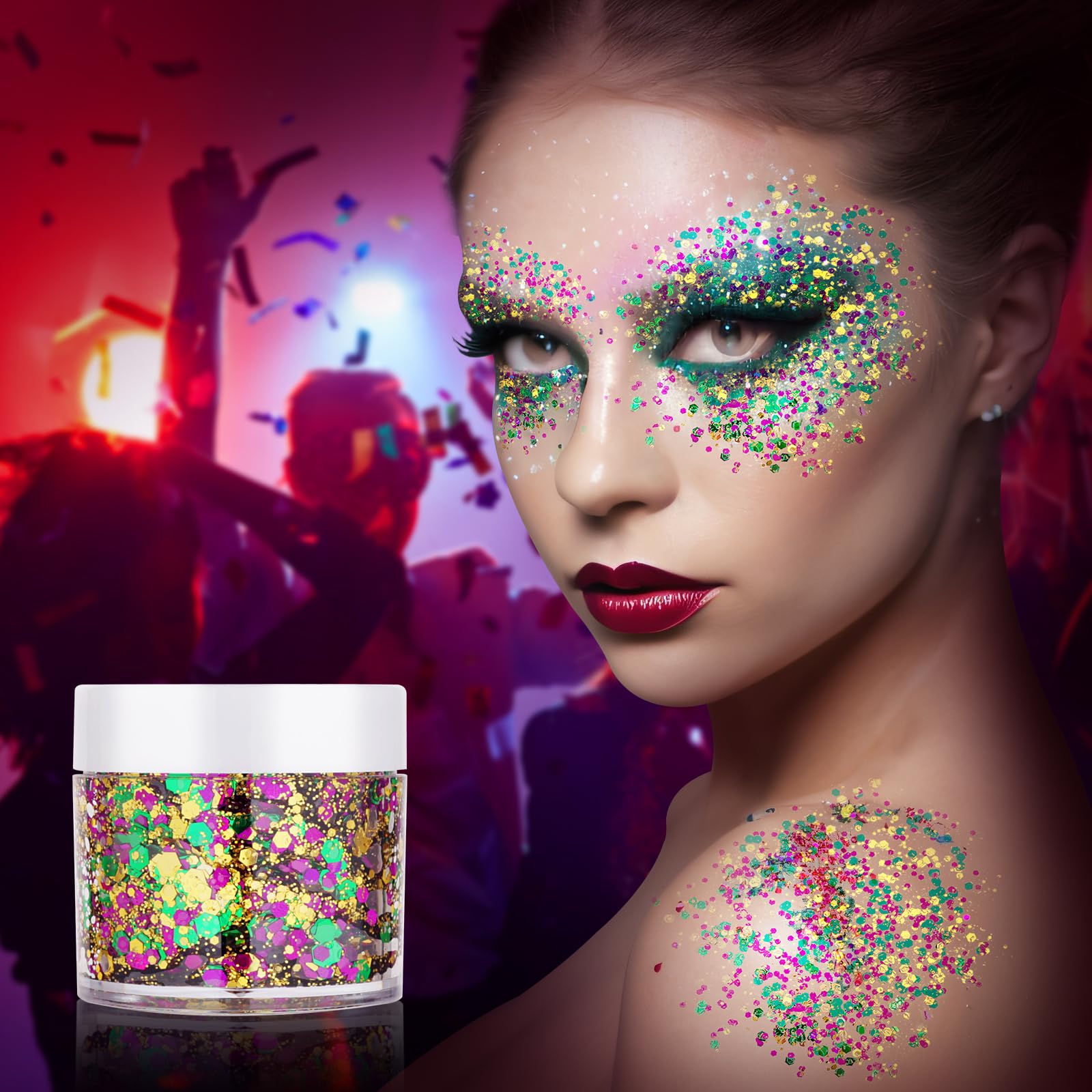 Paminify glitter on shoulders and collarbones creates luminous highlights.