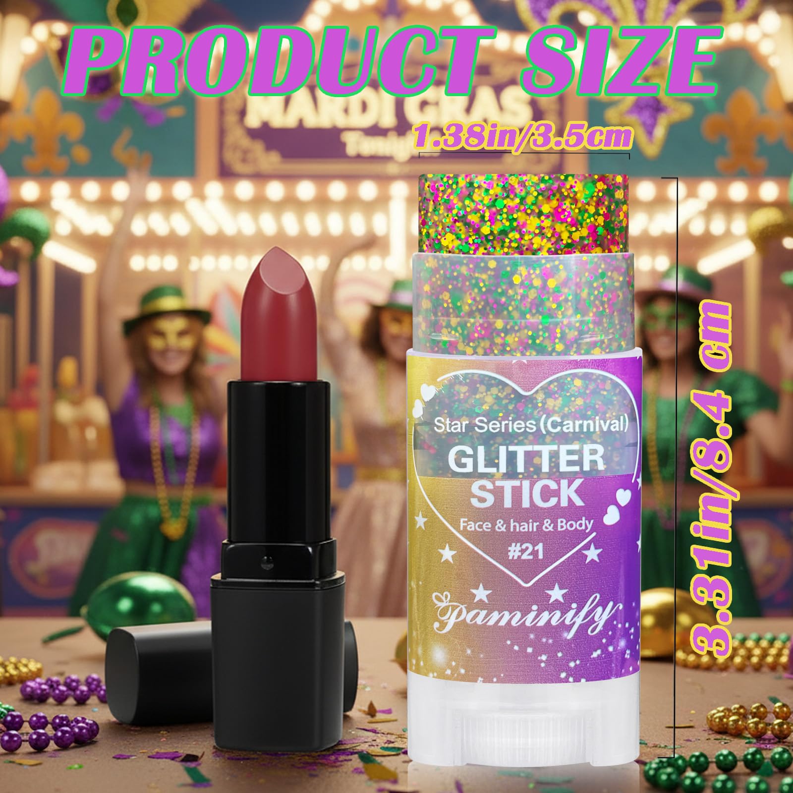 Paminify pocket-sized carnival glitter stick fits anywhere.