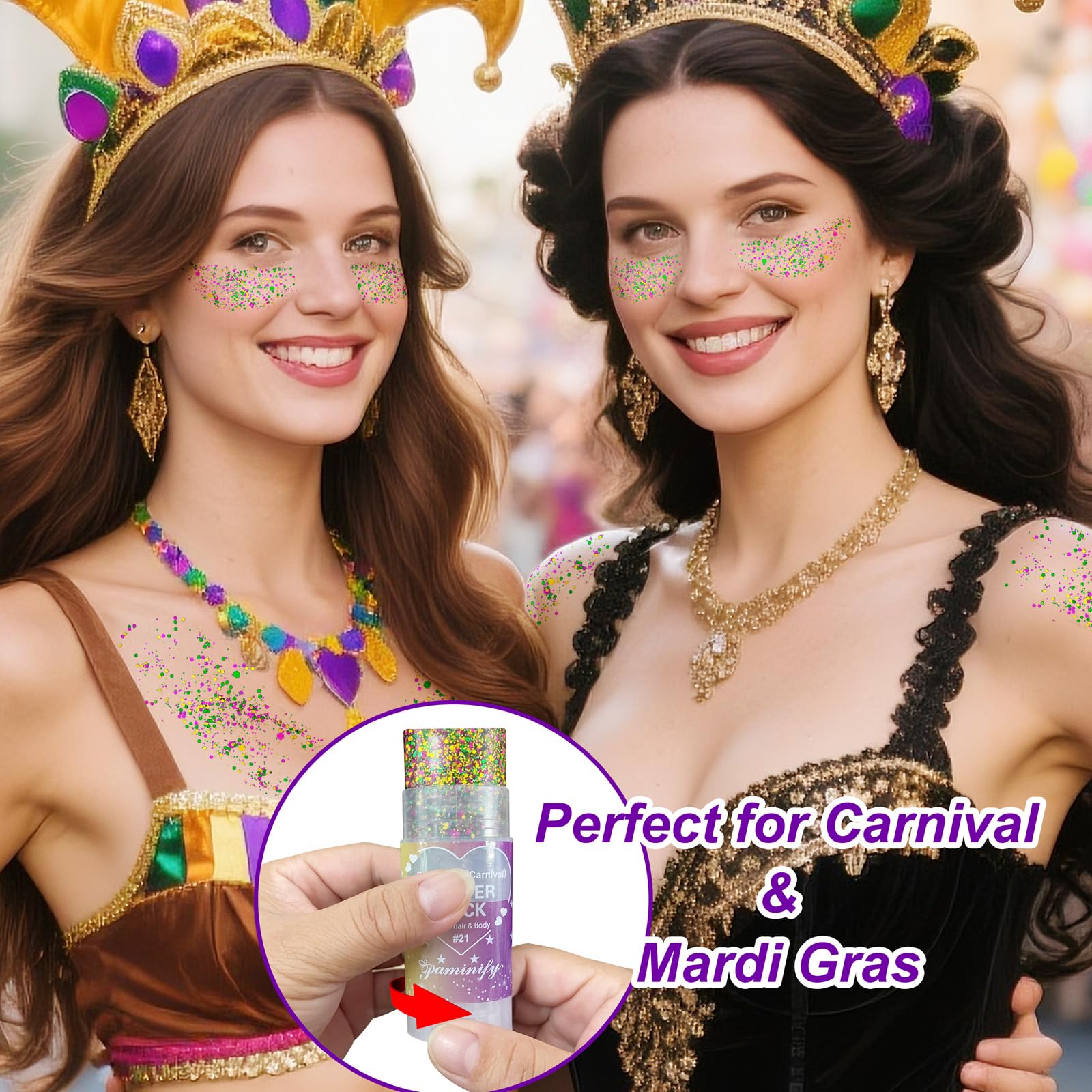 Paminify purple-green-gold face glitter for vivid, festival-ready looks.