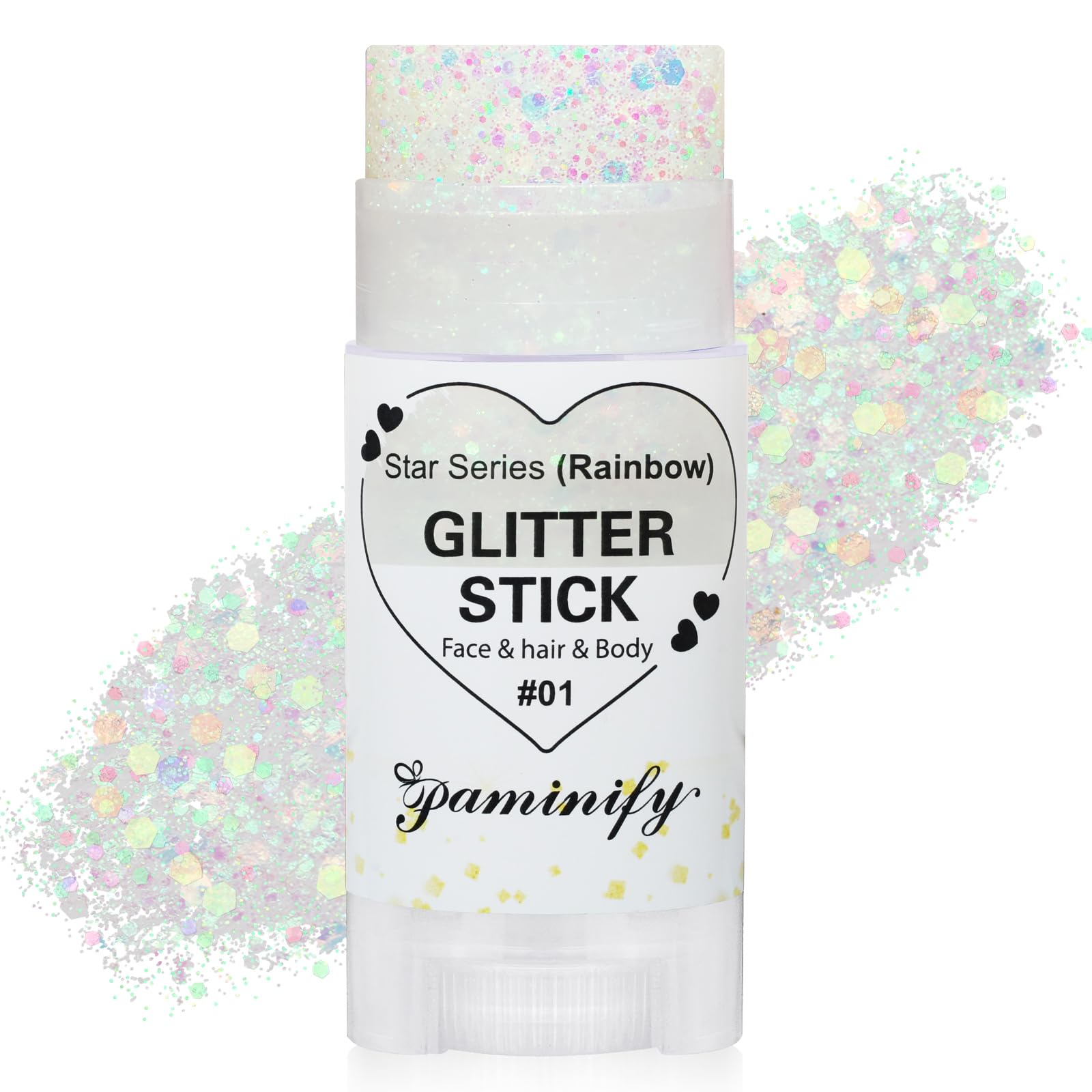 Paminify rainbow white glitter stick highlights hair with bold party sparkle.