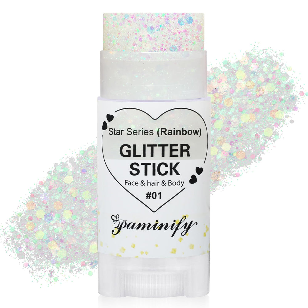 Paminify rainbow white glitter stick highlights hair with bold party sparkle.