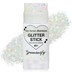 Paminify rainbow white glitter stick highlights hair with bold party sparkle.