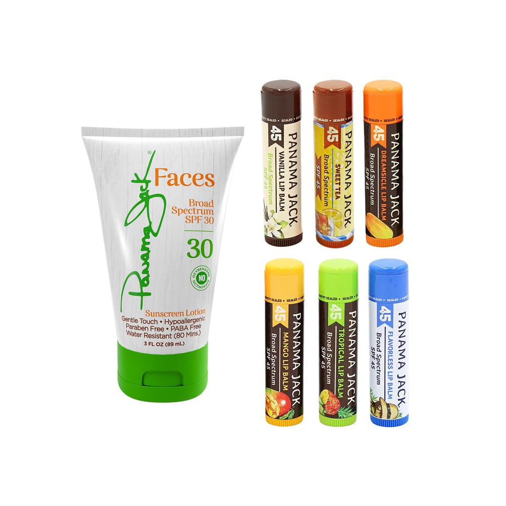 Panama Jack six-pack lip balms with SPF 45 for hydrated lips on the go.