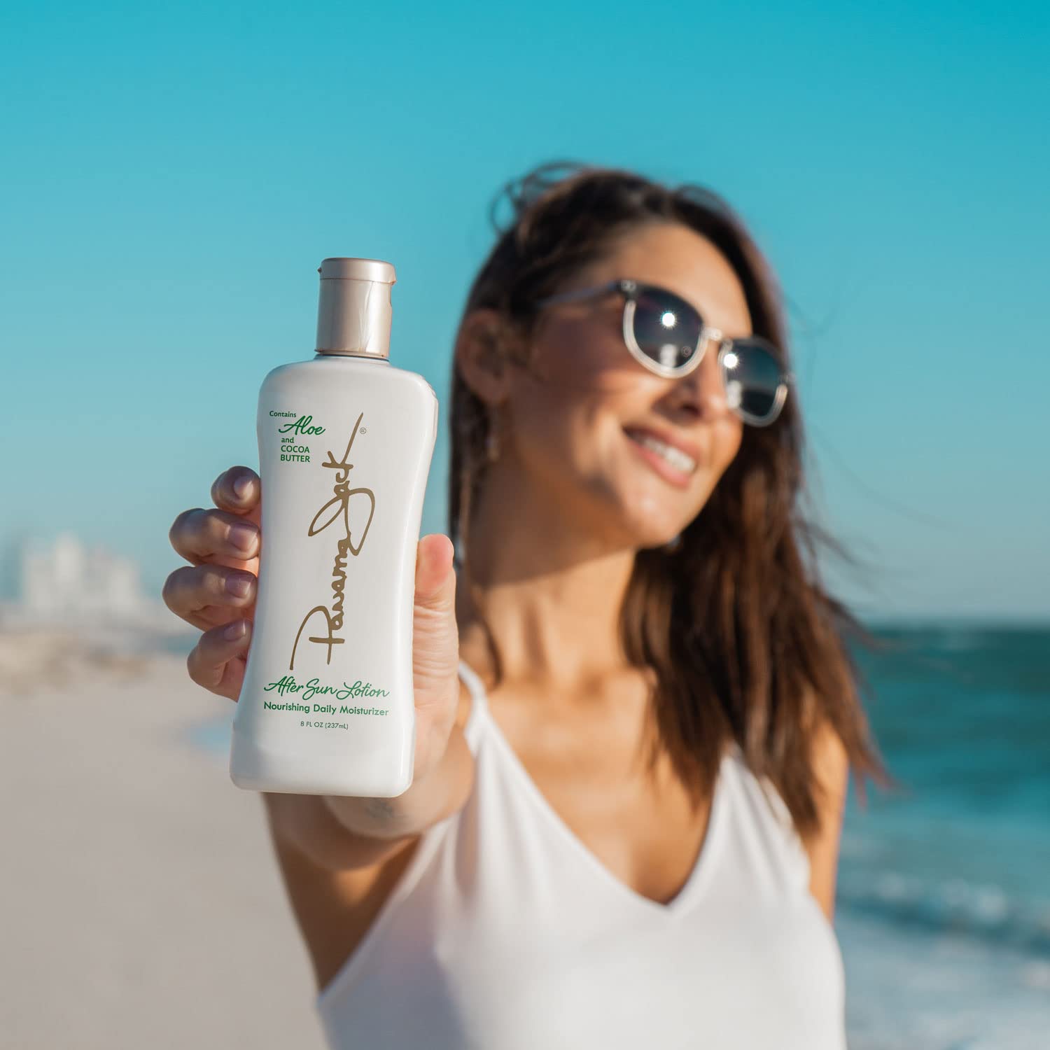 Panama Jack Aloe Moisturizer with cocoa butter nourishes skin.