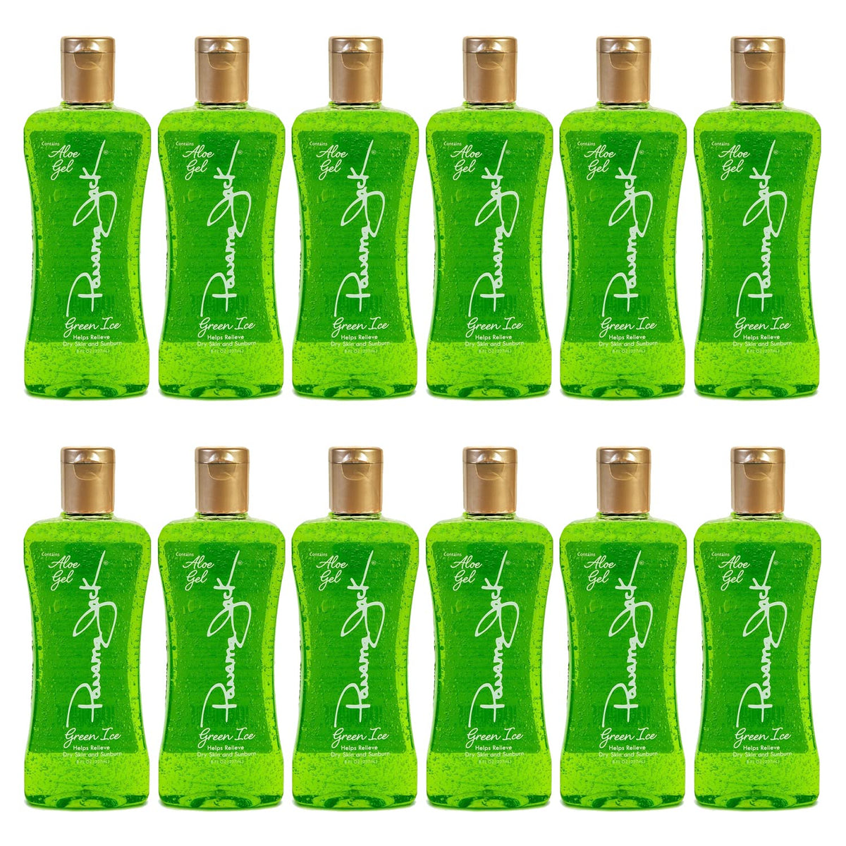 Panama Jack Green Ice Gel bottle showing cooling, hydrating after-sun relief for dry skin.