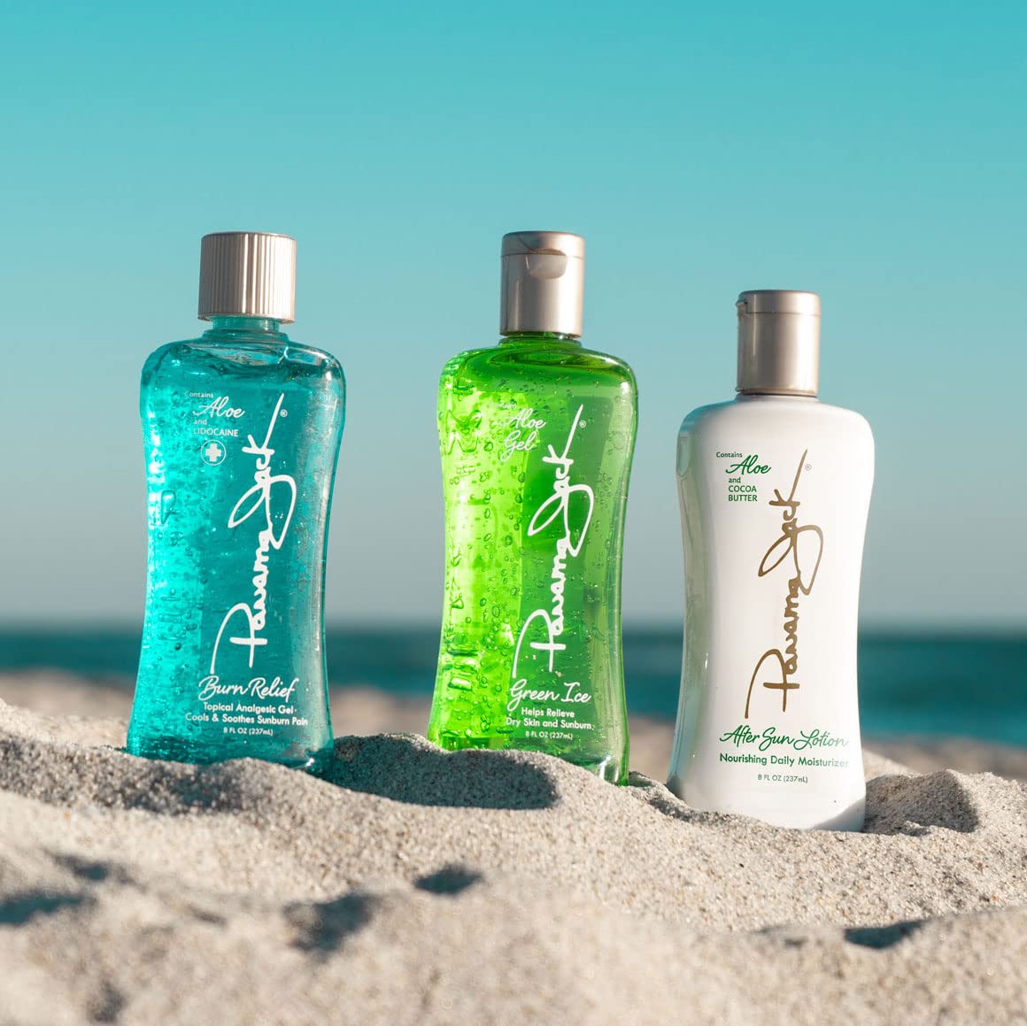 Panama Jack Green Ice Gel no-alcohol formula for gentle after-sun care.