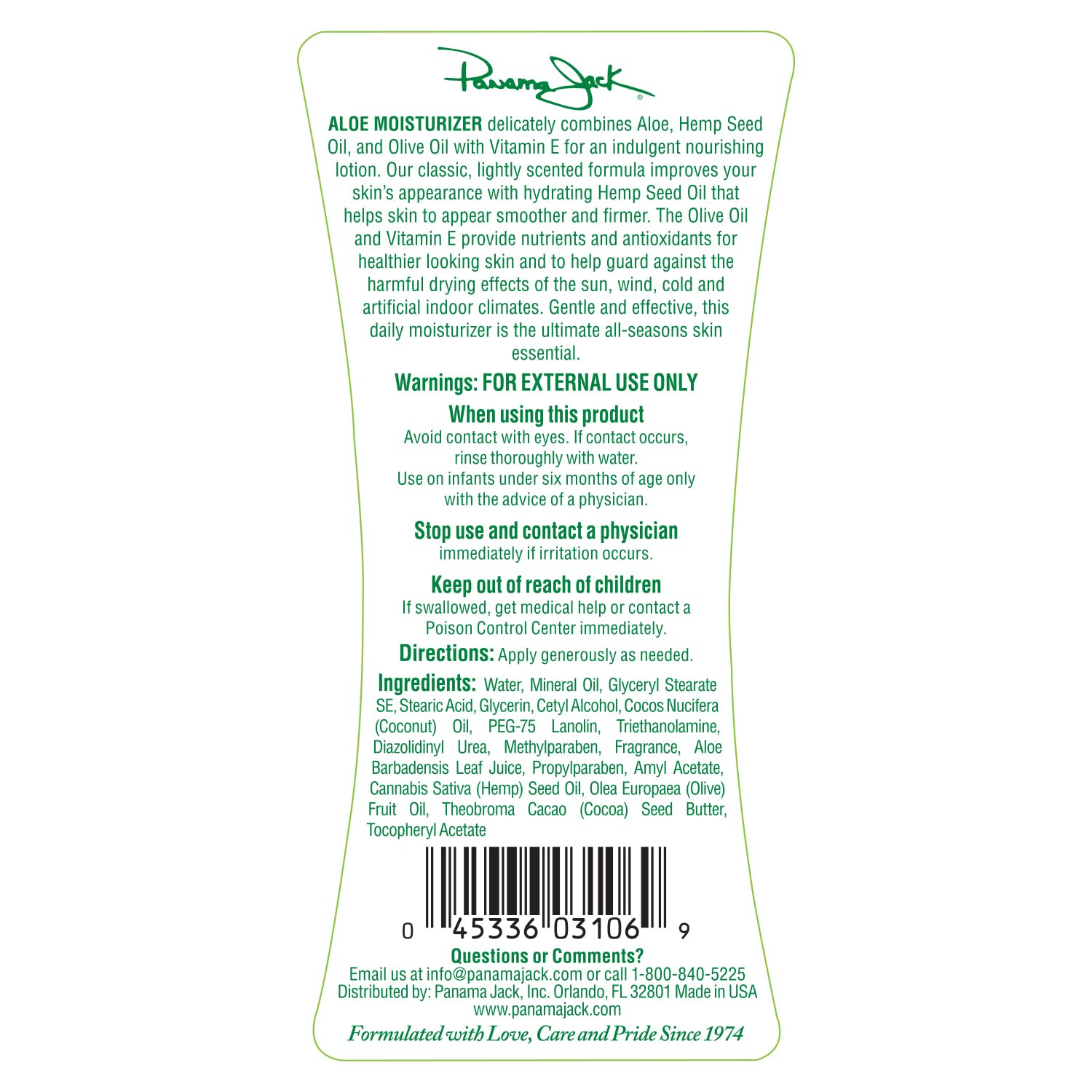 Panama Jack Aloe Moisturizer bottle and hemp seed oil icon emphasizing moisture boost.