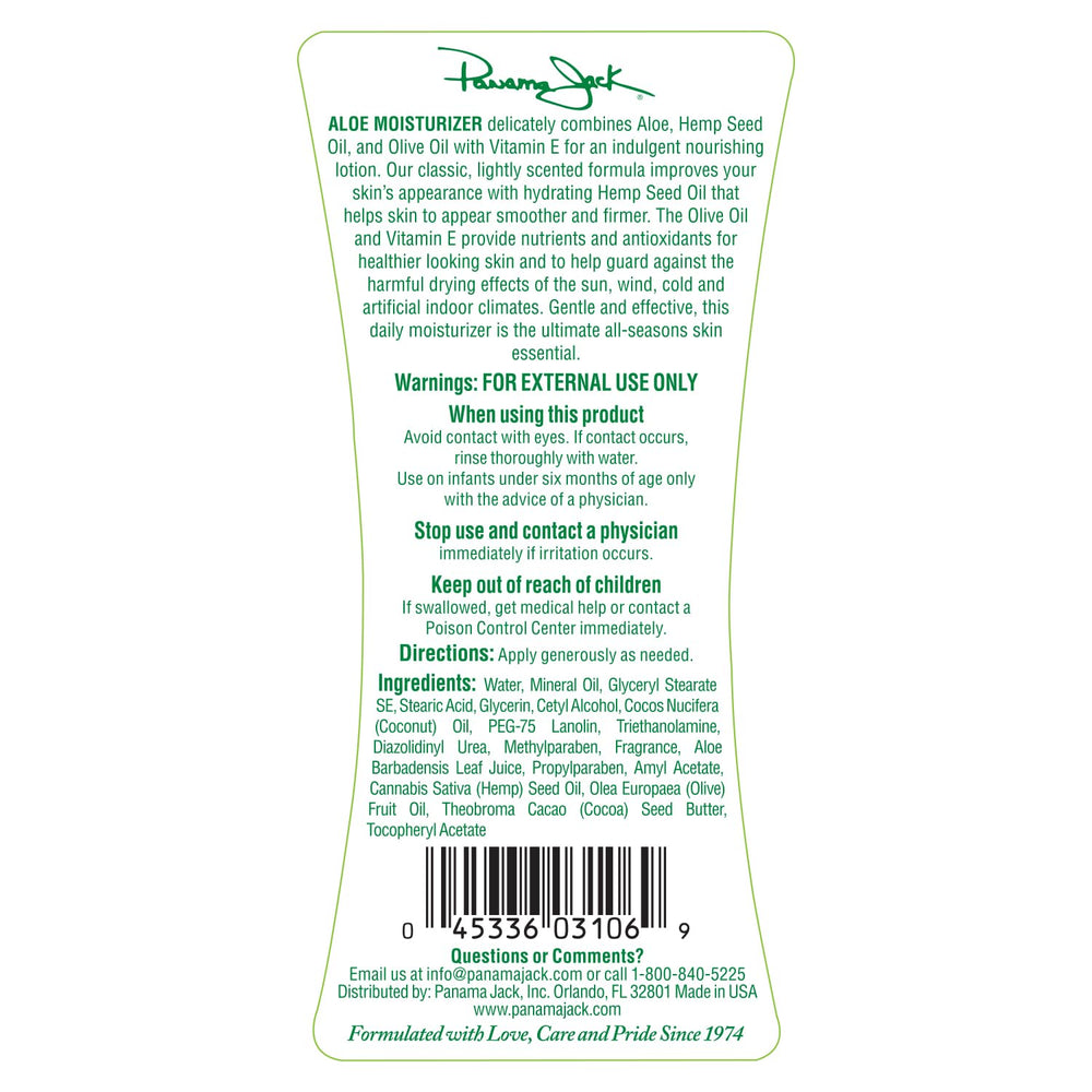Panama Jack Aloe Moisturizer bottle and hemp seed oil icon emphasizing moisture boost.