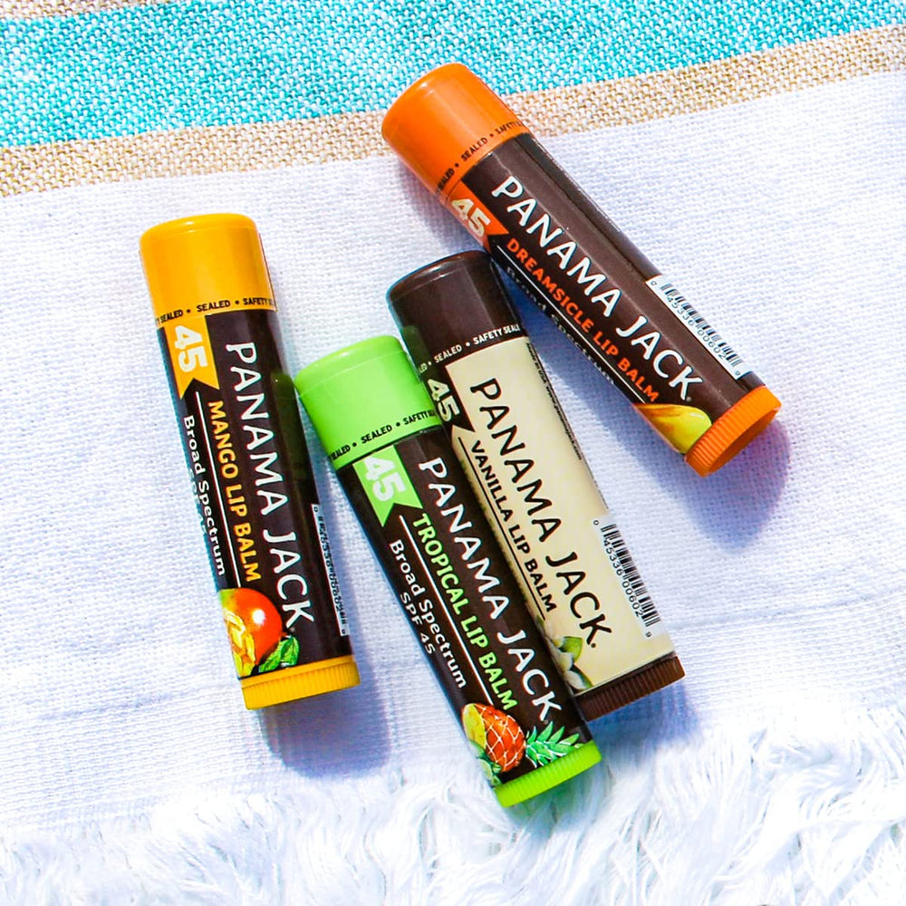 Panama Jack lip balm branding with logo in focus.