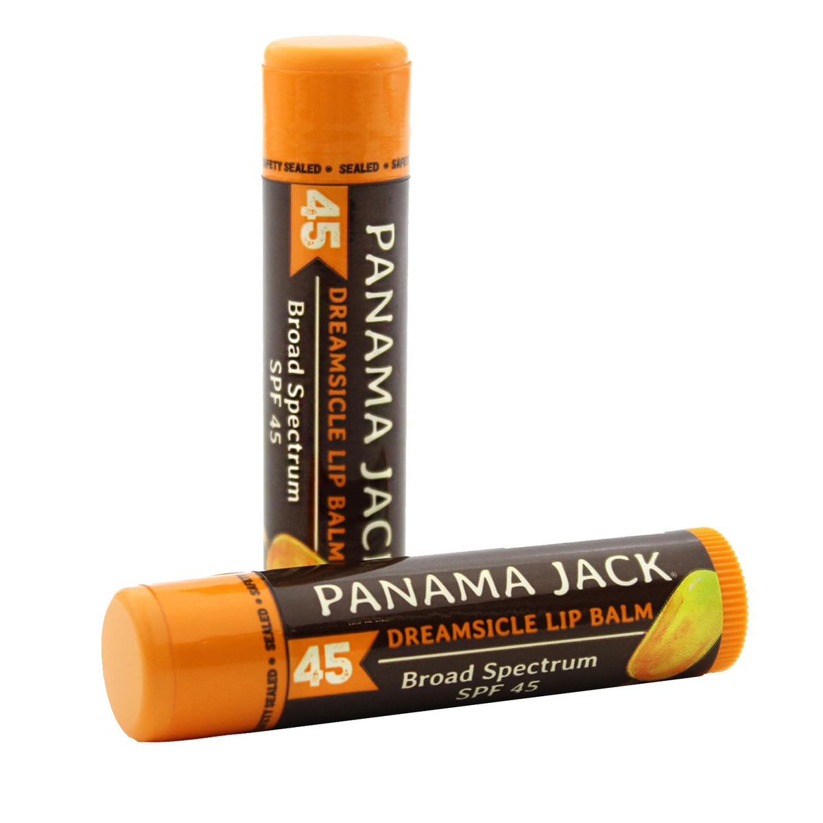 Panama Jack Sunscreen Lip Balm Dreamsicle pack shot showing SPF 45 protection.
