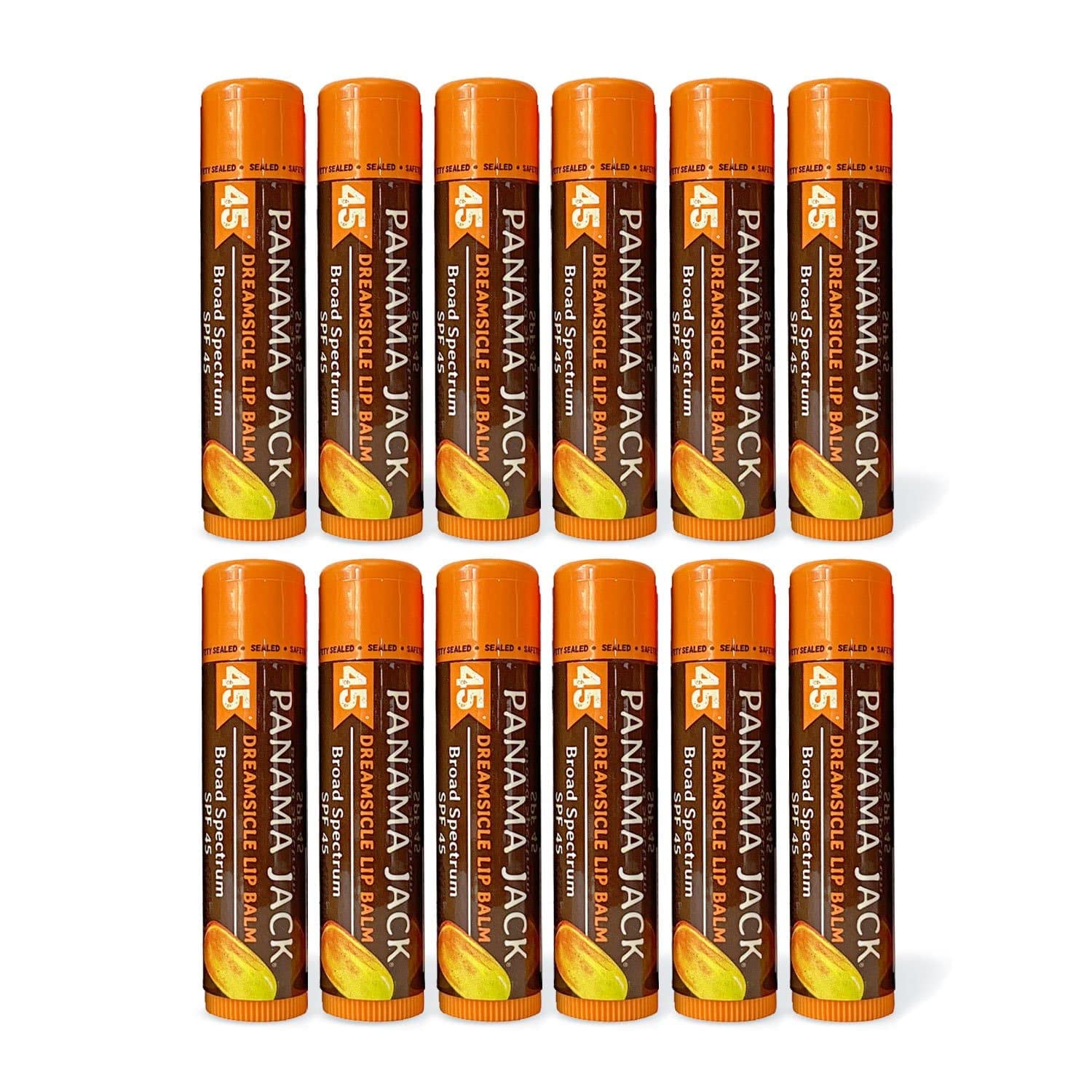 Panama Jack Sunscreen Lip Balm Dreamsicle tube with SPF 45 protects lips from sun exposure.